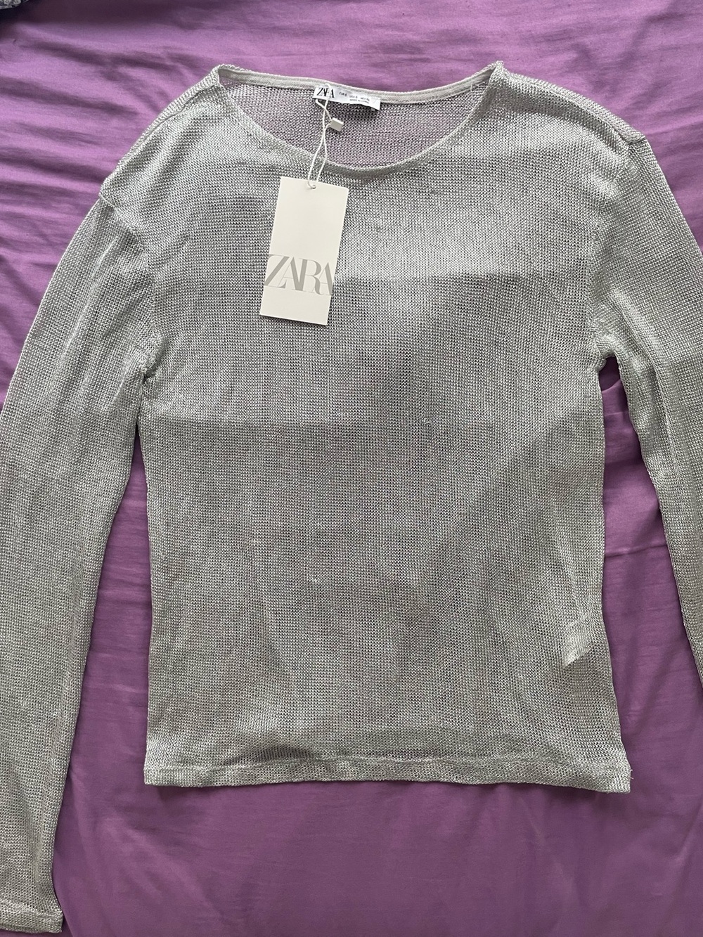 ZARA Silver Metallic Long Sleeve Knit Top
